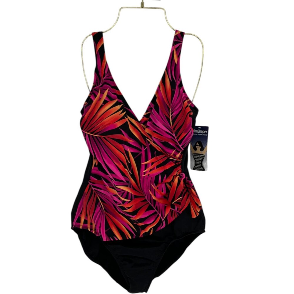 SlimShaper One Piece Swimsuit Women's Size 12 Fuchsia Black Tropical Leaf
